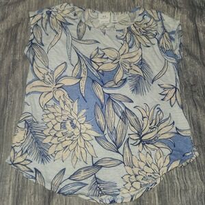 Halston Linen‎ Floral Print Top Womens Size Small Blue Beige Sleeveless